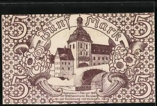 Notgeld Bamberg 1918, 5 Mark, Gutschein der Stadtgemeinde Bamberg mit Gebäudeabbildung