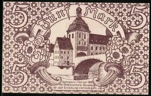 Notgeld Bamberg 1918, 5 Mark, Kunstvoll verziertes Stadtbild mit Blumen und Brücke