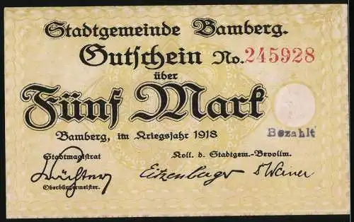 Notgeld Bamberg 1918, 5 Mark, Kunstvoll verziertes Stadtbild mit Blumen und Brücke