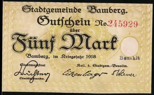 Notgeld Bamberg 1918, 5 Mark, Stadtgemeinde Gutschein mit Stadtansicht und Bezahlt Stempel