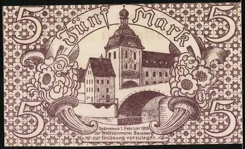 Notgeld Bamberg 1918, 5 Mark, Stadtgemeinde Gutschein mit Stadtansicht und Bezahlt Stempel