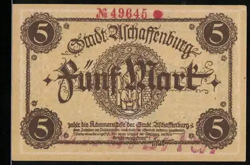 Notgeld Aschaffenburg, 5 Mark, Stadtsiegel und Schloss-Abbildung, Nr. 49645