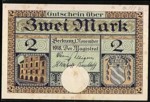 Notgeld Beckum, 1918, Zwei Mark, Kinder schöpfen Wasser aus dem Brunnen ohne Seil