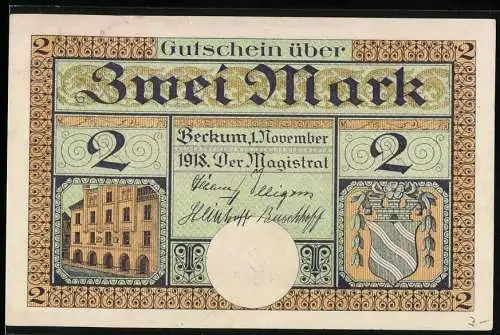 Notgeld Beckum 1918, 2 Mark, Rathaus und historische Szenen