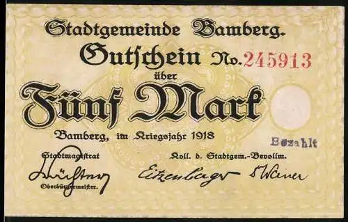 Notgeld Bamberg 1918, 5 Mark, Gutschein Nr. 245913, Vorderseite und Rückseite mit Stadtansicht