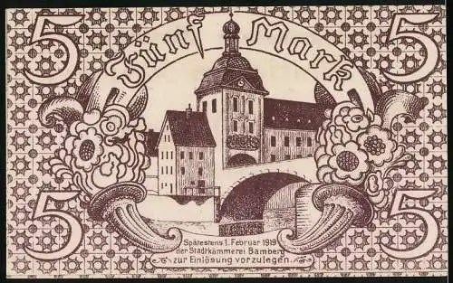 Notgeld Bamberg 1918, 5 Mark, Gutschein Nr. 245913, Vorderseite und Rückseite mit Stadtansicht