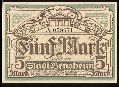 Notgeld Bensheim, 1919, 5 Mark, Stadt Bensheim, Seriennummer 059671, Entwertet