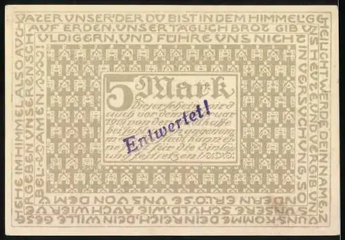 Notgeld Bensheim, 1919, 5 Mark, Stadt Bensheim, Seriennummer 059671, Entwertet