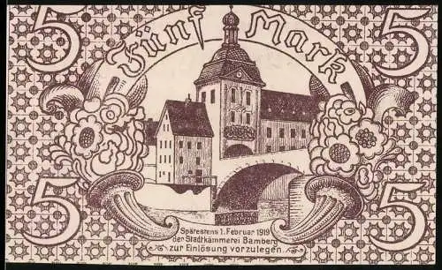 Notgeld Bamberg 1918, 5 Mark, Stadtansicht mit Brücke und Gebäude, Gutschein No. 245912, Kriegsausgabe