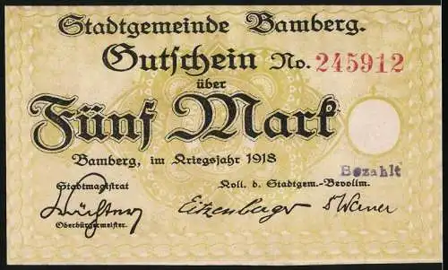 Notgeld Bamberg 1918, 5 Mark, Stadtansicht mit Brücke und Gebäude, Gutschein No. 245912, Kriegsausgabe