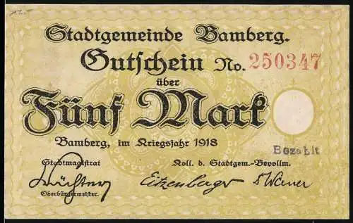 Notgeld Bamberg, 1918, 5 Mark, Gelber Schein mit historischem Gebäude und Blumendekor