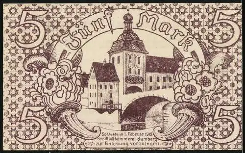 Notgeld Bamberg, 1918, 5 Mark, Gelber Schein mit historischem Gebäude und Blumendekor