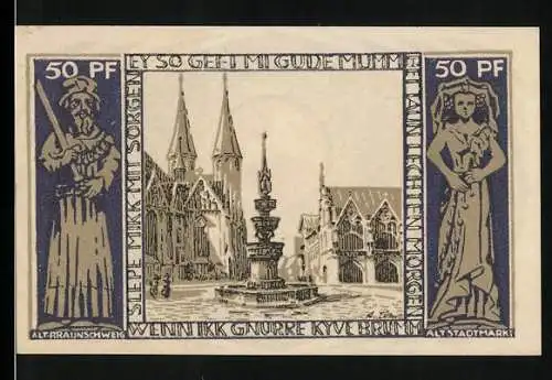 Notgeld Braunschweig 1921, 50 Pf, Altstadtmarktplatz und Braunschweigische Staatsbank