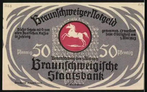 Notgeld Braunschweig 1921, 50 Pf, Altstadtmarktplatz und Braunschweigische Staatsbank