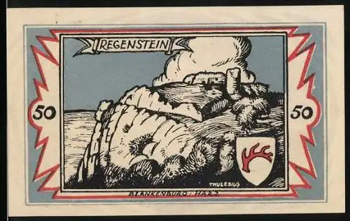 Notgeld Braunschweig 1921, 50 Pfennig, Burgruine Regenstein auf Felsen und Wappen, Rückseite Pferd und Staatsbank-Text