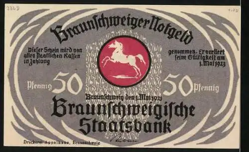 Notgeld Braunschweig 1921, 50 Pfennig, Burgruine Regenstein auf Felsen und Wappen, Rückseite Pferd und Staatsbank-Text