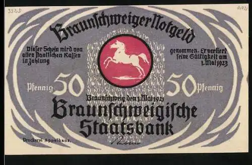 Notgeld Braunschweig 1921, 50 Pfennig, Braunschweigische Staatsbank mit Regenstein Abbildung, Druckerei Appelbaum