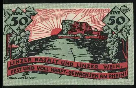 Notgeld Linz 1919, 50 Pfennig, Linzer Basalt und Linzer Wein, Stadtwappen und Burg zur Leyen