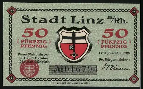 Notgeld Linz 1919, 50 Pfennig, Linzer Basalt und Linzer Wein, Stadtwappen und Burg zur Leyen