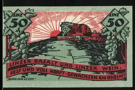 Notgeld Linz 1919, 50 Pfennig, Burg zur Leyen und Stadtwappen, gültig bis Oktober 1921