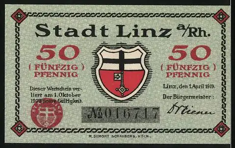 Notgeld Linz 1919, 50 Pfennig, Burg zur Leyen und Stadtwappen, gültig bis Oktober 1921