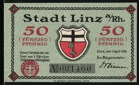 Notgeld Linz 1919, 50 Pfennig, Wappen der Stadt Linz und Burg zur Leyen