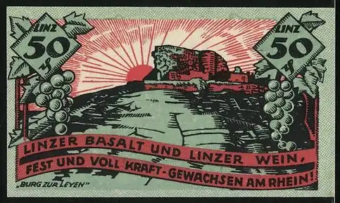 Notgeld Linz 1919, 50 Pfennig, Wappen der Stadt Linz und Burg zur Leyen