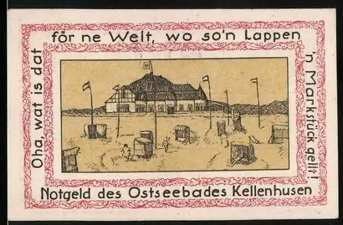 Notgeld Kellenhusen, 100 Pfennig, Ostseebad, Lübecker Bucht, 1920, Seeansicht, Text und Verzierungen