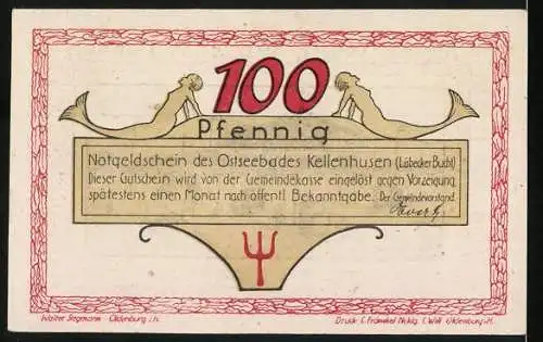 Notgeld Kellenhusen, 100 Pfennig, Ostseebad, Lübecker Bucht, 1920, Seeansicht, Text und Verzierungen