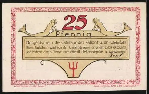 Notgeld Kellenhusen, 25 Pfennig, Ostseebadansicht und Meerjungfrauen-Motiv