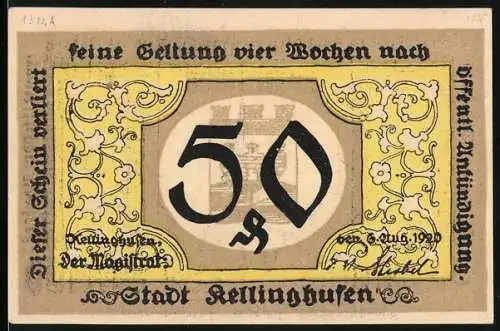 Notgeld Kellinghusen 1920, 50 Pfennig, mit Stadtwappen und Kirche, Text in Plattdeutsch