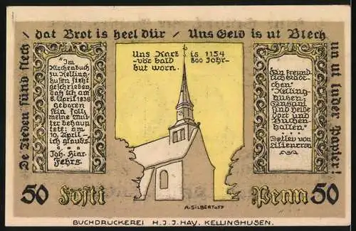 Notgeld Kellinghusen 1920, 50 Pfennig, mit Stadtwappen und Kirche, Text in Plattdeutsch