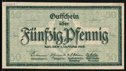 Notgeld Kiel 1918, 50 Pfennig, Gutschein über Fünfzig Pfennig mit Stadtansicht und Inschriften