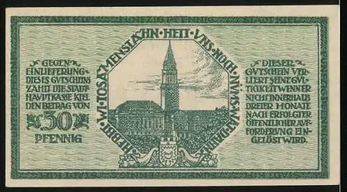 Notgeld Kiel 1918, 50 Pfennig, Gutschein über Fünfzig Pfennig mit Stadtansicht und Inschriften