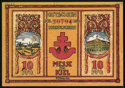 Notgeld Kiel, 1921, 10 Pfennig, Nordische Messe in Kiel mit Wikingerschiff und zwei Greifen, Gutschein Nr. 30947