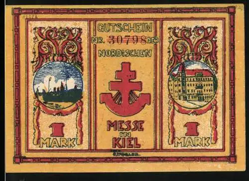 Notgeld Kiel, 1 Mark, Gutschein Nr. 30798 der Nordischen Messe in Kiel mit Abbildungen von Schiff und Gebäude