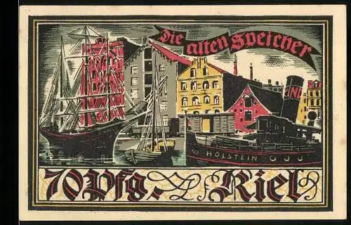 Notgeld Kiel, 1921, 70 Pfennig, Die alten Speicher /Wissenschaft und Kunst