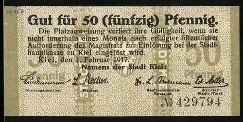 Notgeld Kiel 1917, 50 Pfennig, Platzanweisung mit Unterschriften und Seriennummer