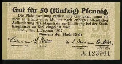 Notgeld Kiel, 1917, 50 Pfennig, Gut für 50 Pfennig, ausser Kurs, Nr. 123901