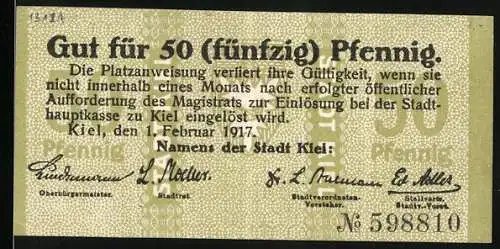 Notgeld Kiel, 1917, 50 Pfennig, beige Schein mit Unterschriften der Stadtoffiziellen