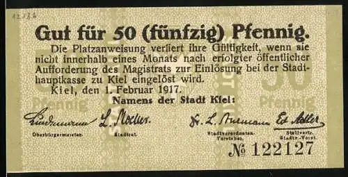 Notgeld Kiel, 1917, 50 Pfennig, Gut für 50 Pfennig, ausser Kurs, Seriennummer 122127