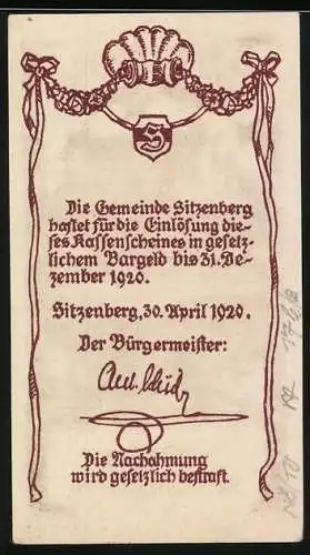 Notgeld Sitzenberg, 1920, 20 Heller, Ansicht der Burg und Gültigkeitserklärung