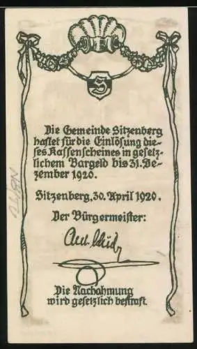 Notgeld Sitzenberg 1920, 50 Heller, Schlossansicht und Gemeinde-Garantie