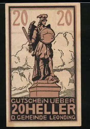 Notgeld Leonding, 1920, 20 Heller, Darstellung eines Ritters mit Schild und Schwert, Rückseite mit Text und Signaturen