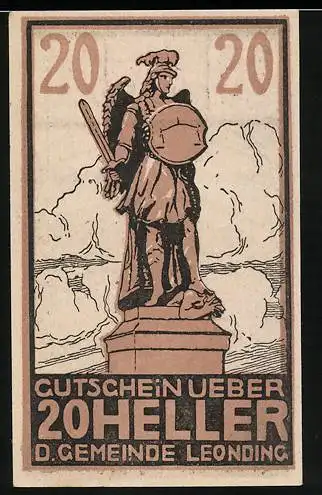 Notgeld Leonding, 1920, 20 Heller, Statue eines gepanzerten Kriegers mit Schwert und Schild