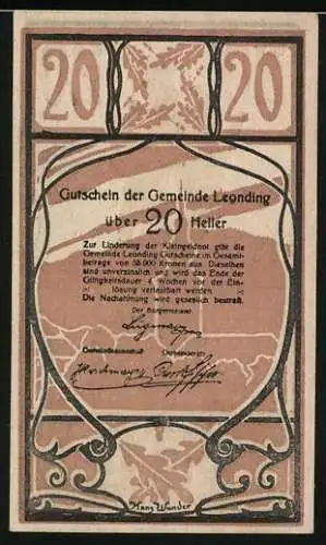 Notgeld Leonding, 1920, 20 Heller, Statue eines gepanzerten Kriegers mit Schwert und Schild