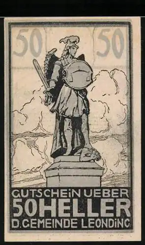 Notgeld Leonding, 1920, 50 Heller, Statue eines Ritters vorne, Gemeinde-Informationen hinten