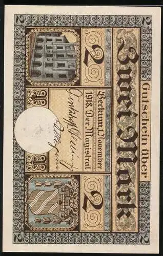 Notgeld Beckum, 1918, 2 Mark, Stadtansicht und Ziege mit Bürgermeister