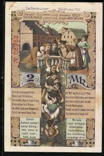 Notgeld Beckum, 1918, 2 Mark, historische Gebäude und Brunnenillustration