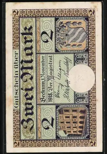 Notgeld Beckum, 1918, 2 Mark, historische Gebäude und Brunnenillustration